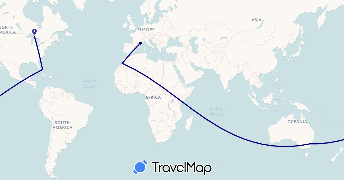 TravelMap itinerary: driving in Australia, Bahamas, Canada, France, Morocco (Africa, Europe, North America, Oceania)